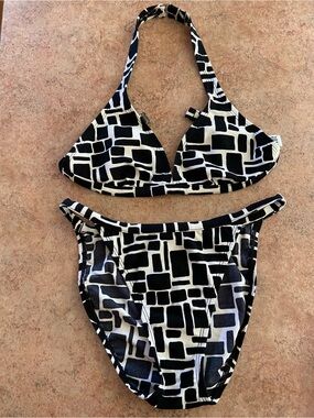 Baha Blue Geometric Black & White Bikini Set - Size 10